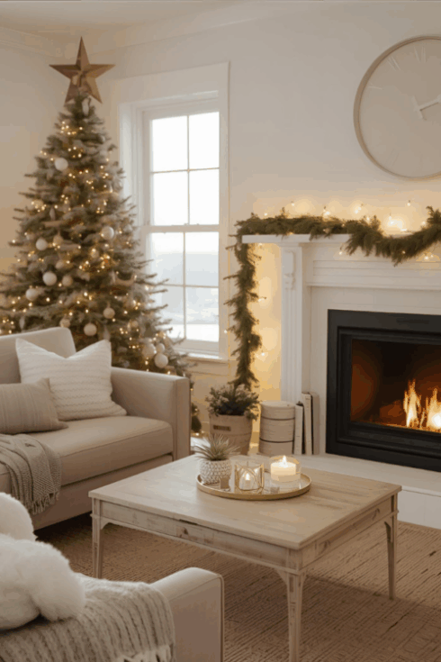 Cozy Christmas living room with simple, budget-friendly holiday decor for stress-free Christmas budgeting tips.