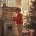 Toddler playing with a toy kitchen for Christmas holiday fun