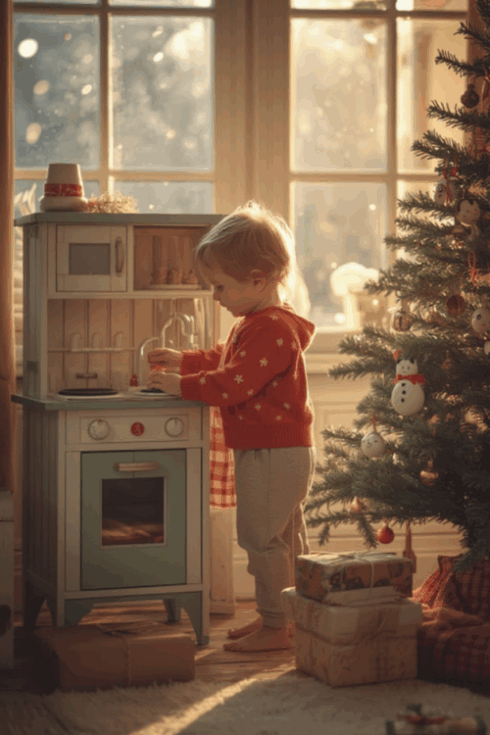 Toddler playing with a toy kitchen for Christmas holiday fun