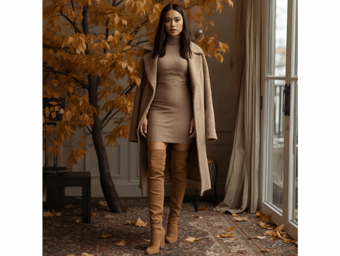 woman wearing camel colored dress with knee high boots and long coat