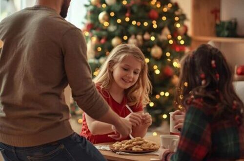 Family with a young child eating Christmas cookies together in front of a decorated Christmas tree as a holiday tradition.