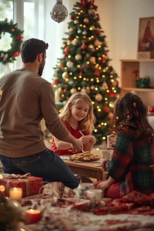 Family with a young child eating Christmas cookies together in front of a decorated Christmas tree as a holiday tradition.