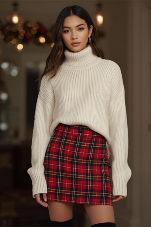 Woman wearing a beige sweater, red plaid skirt, and black knee-high boots for a cozy and stylish Christmas outfit.