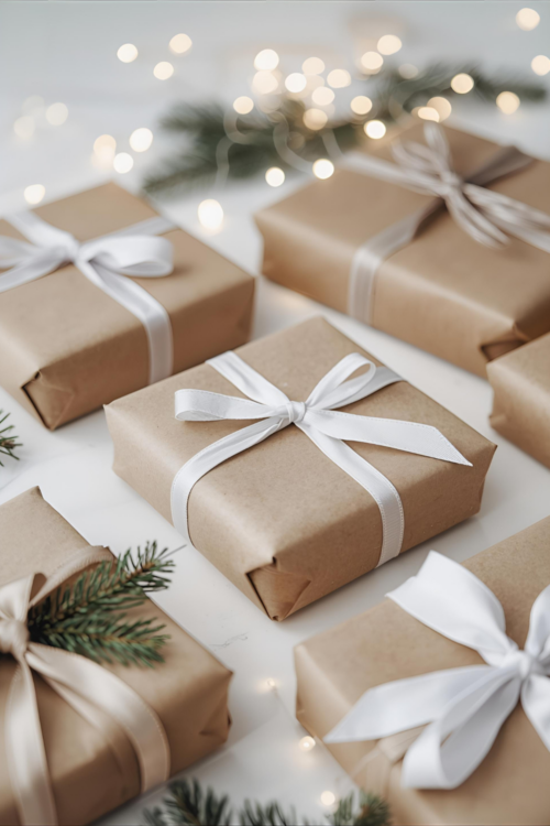 Flat lay of children’s Christmas gifts and toys arranged on a holiday background.