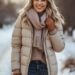 Woman wearing a neutral puffer coat and cozy scarf styled as an everyday winter outfit
