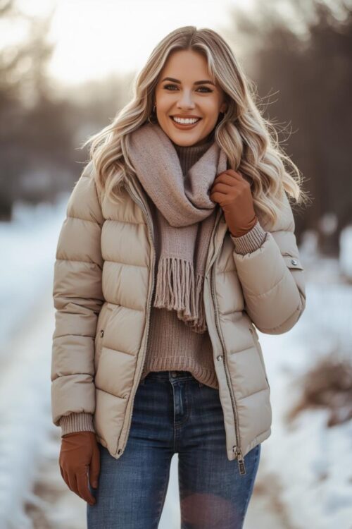 Woman wearing a neutral puffer coat and cozy scarf styled as an everyday winter outfit