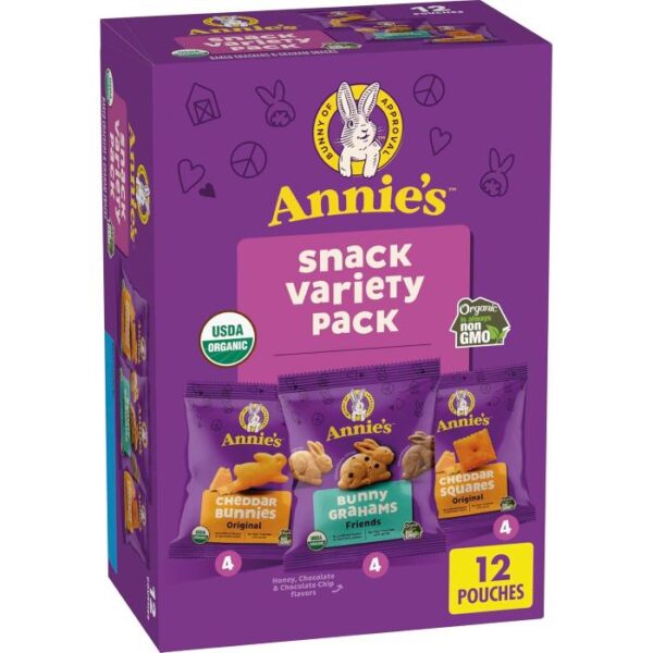 Annie's snack variety pack with cheddar bunnies, bunny grahams, and cheddar squares.