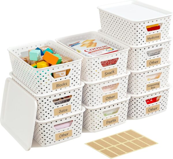 Stackable plastic storage bins for organizing everyday items, such as toys.