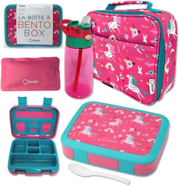 Pink bento box set with a unicorn design. The set includes a lunch box, ice pack, and water bottle.