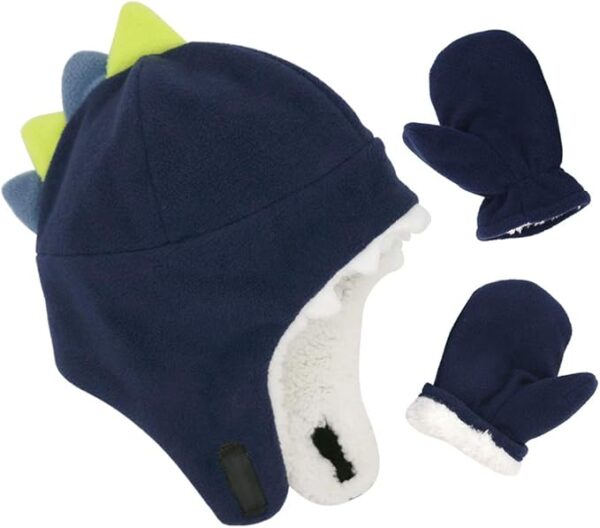 Fun dark blue winter hat with dinosaur theme and mittens for toddlers.