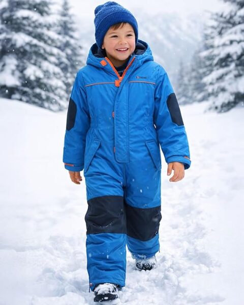 Boy wearing bright blue snowsuit ready for playing in the snow.