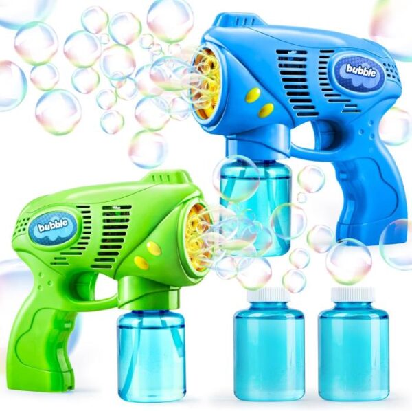 A green bubble gun and a blue bubble gun for toddlers.