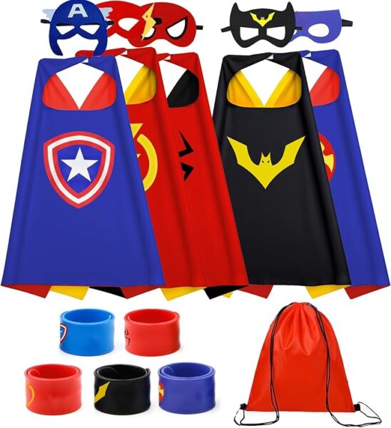 5 colorful superhero capes, eye masks, and wrist bands for toddlers to play dress up.