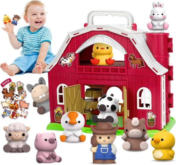 Toy farm animal figurines and a barn for toddler's imaginative play.