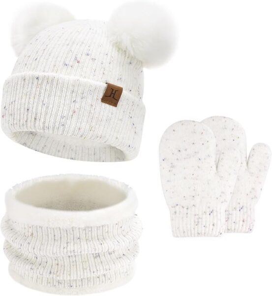 White winter pom pom hat, mittens, and neck scarf for toddlers.