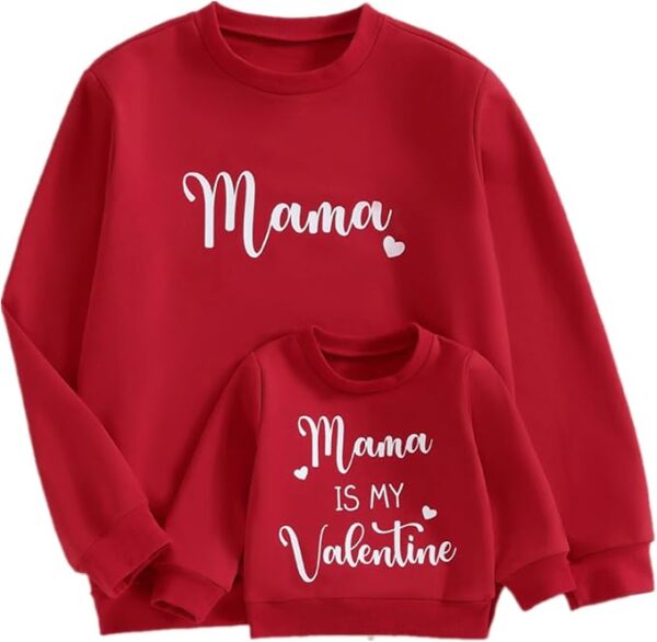 Two red sweatshirts - one says "Mama" and is for an adult, the other says "Mama is my Valentine" and is for a toddler.
