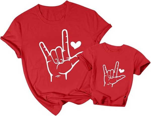 Red t-shirts with "I love you" shown in sign language. One shirt is for an adult, the other is for a toddler. 