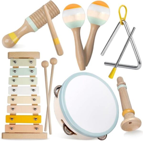 Toddler wooden musical instruments, including a xylophone, maracas, tambourine, and a triangle.