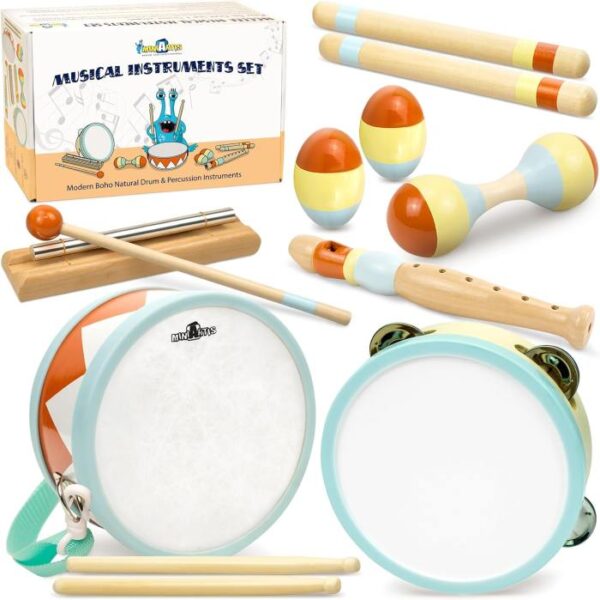Toddler musical instruments including drums, maracas, and a recorder. The perfect gift for Valentine's Day.