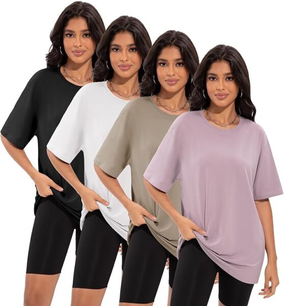 4 oversized t-shirts in black, white, green, and light purple. Perfect to pair with leggings