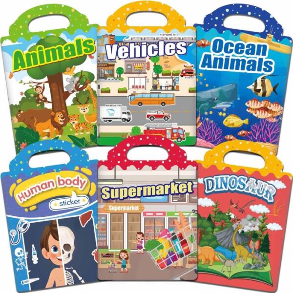 A set of 6 themed resuable sticker books for toddlers.