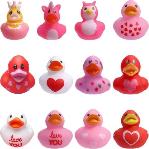 Pink and red rubber duckies for bath time. Perfect Valentine's Day gift for toddlers.