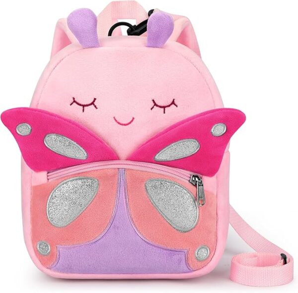 A cute, pink and purple toddler backpack with a butterfly theme. The perfect gift for a toddler.