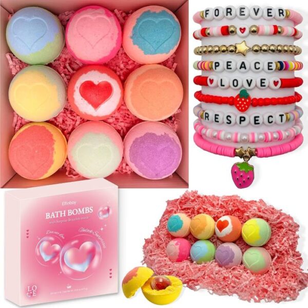 Colorful bath bombs with heart imprints and surprise beaded bracelets inside. Perfect Valentine's Day gift for toddlers.