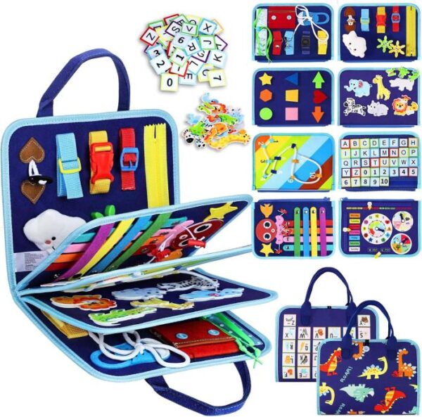 Busy book/board that includes zippers, buckles, puzzles with shapes and animals, and lacing. The perfect gift for toddlers.