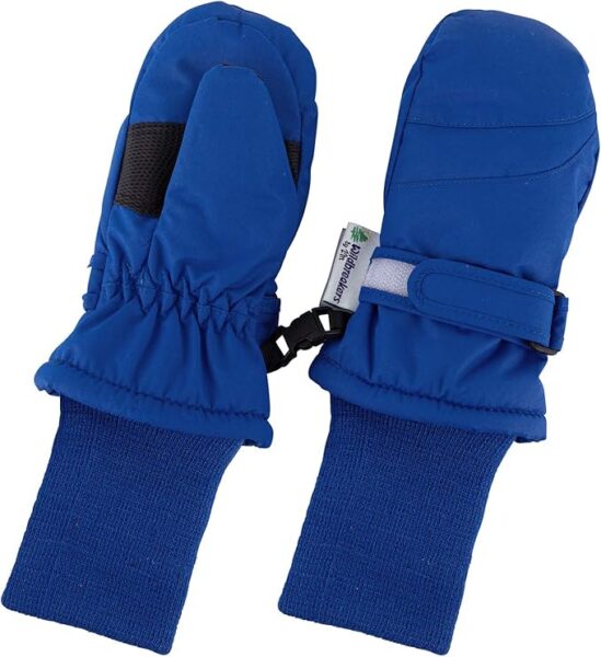 Blue, warm mittens with velcro to ensure they stay on little toddler hands.