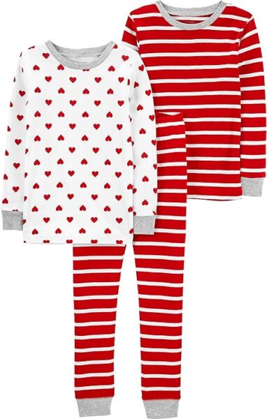 Pajamas with red and white stripes, and red hearts. Perfect toddler pajamas for Valentine's Day.