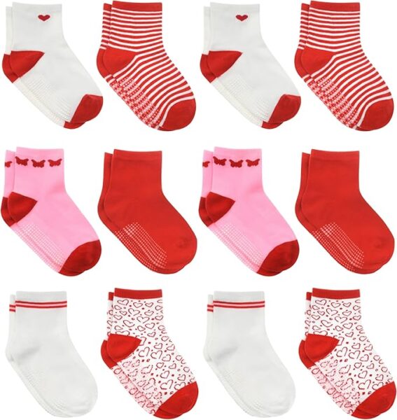 Cute and colorful red, white and pink Valentine's Day socks for toddlers.