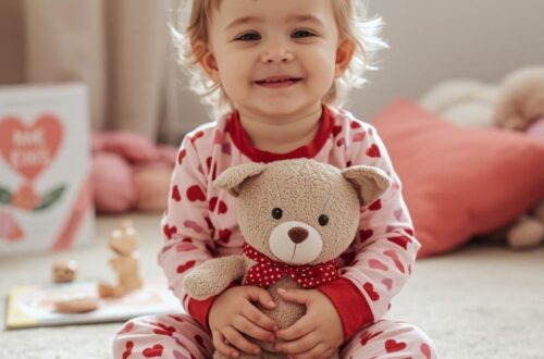 Smiling toddler in Valentine-themed pajamas holding a stuffed animal with colorful non-candy gifts