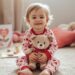 Smiling toddler in Valentine-themed pajamas holding a stuffed animal with colorful non-candy gifts