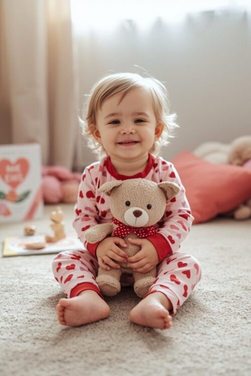 Smiling toddler in Valentine-themed pajamas holding a stuffed animal with colorful non-candy gifts