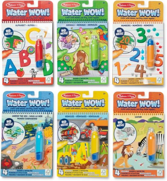 A 6 pack of Melissa & Doug Water Wow books with themes such as Safari, Vehicles, and Alphabet.