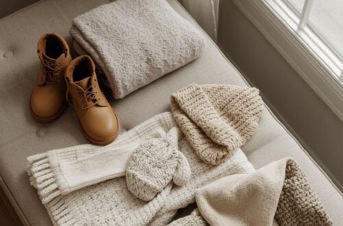 Flat lay of cozy winter gear for moms and toddlers including knit sweaters, scarf, boots, beanie, and mittens in neutral tones