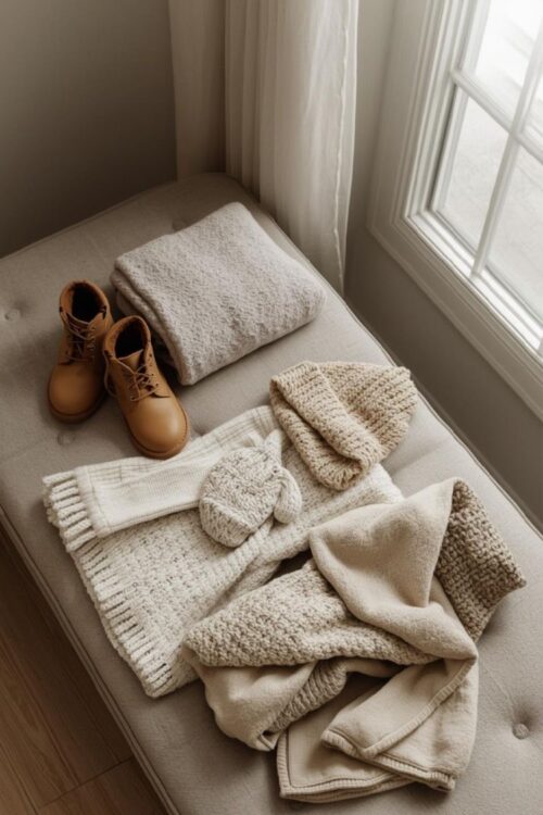 Flat lay of cozy winter gear for moms and toddlers including knit sweaters, scarf, boots, beanie, and mittens in neutral tones