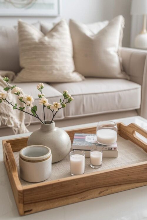 Coffee table styled for spring with fresh flowers, candle, and decorative tray, light-colored couch in the background