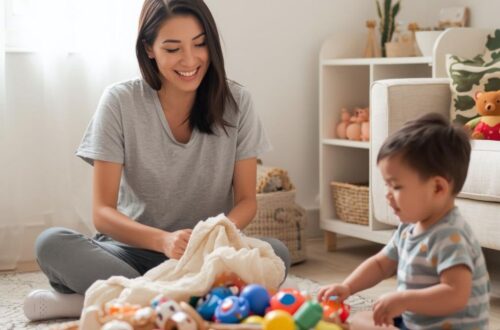 Mom sitting on the living room floor organizing toys into baskets while toddler plays nearby, creating a calm and clutter-free space.