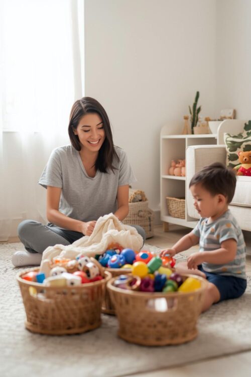 Mom sitting on the living room floor organizing toys into baskets while toddler plays nearby, creating a calm and clutter-free space.