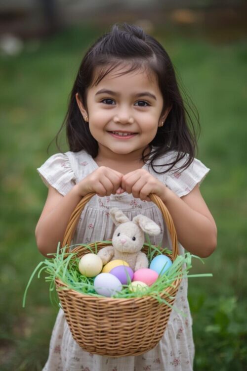 Smiling toddler holding an Easter basket filled with pastel eggs, colorful Easter grass, and a small plush bunny outdoors in spring.