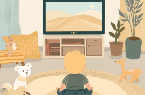 Illustration of a toddler sitting quietly in a calm living room watching TV with soft blankets and plush toys