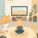 Illustration of a toddler sitting quietly in a calm living room watching TV with soft blankets and plush toys