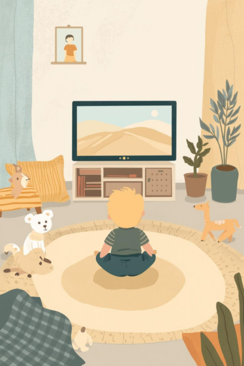 Illustration of a toddler sitting quietly in a calm living room watching TV with soft blankets and plush toys