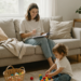Mom sitting in a cozy living room, enjoying a quiet moment with coffee while her toddler plays nearby, showing realistic self-care for moms.
