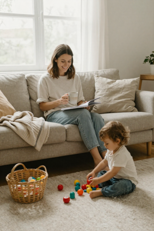 Mom sitting in a cozy living room, enjoying a quiet moment with coffee while her toddler plays nearby, showing realistic self-care for moms.