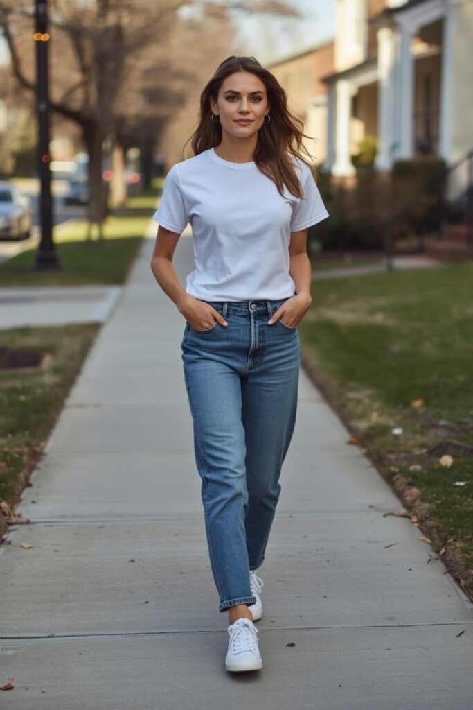 Woman in her 30s wearing straight-leg jeans, a white t-shirt, and white sneakers standing on a sidewalk in soft spring sunlight.