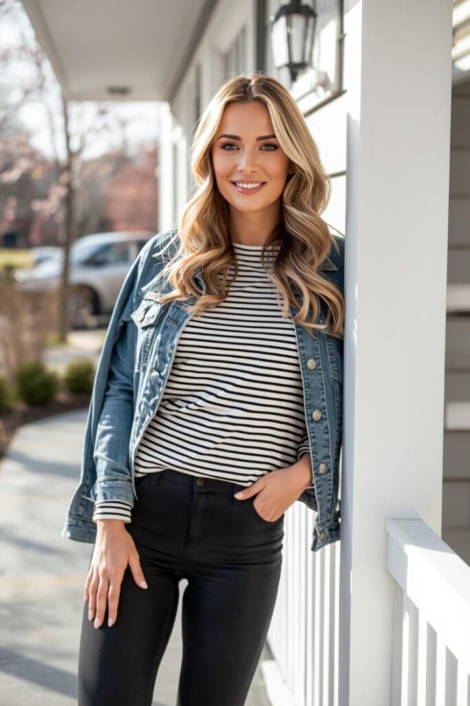 Woman in her 30s wearing black leggings, a striped long sleeve top, and a casual denim jacket leaning against a front porch railing in spring sunlight.