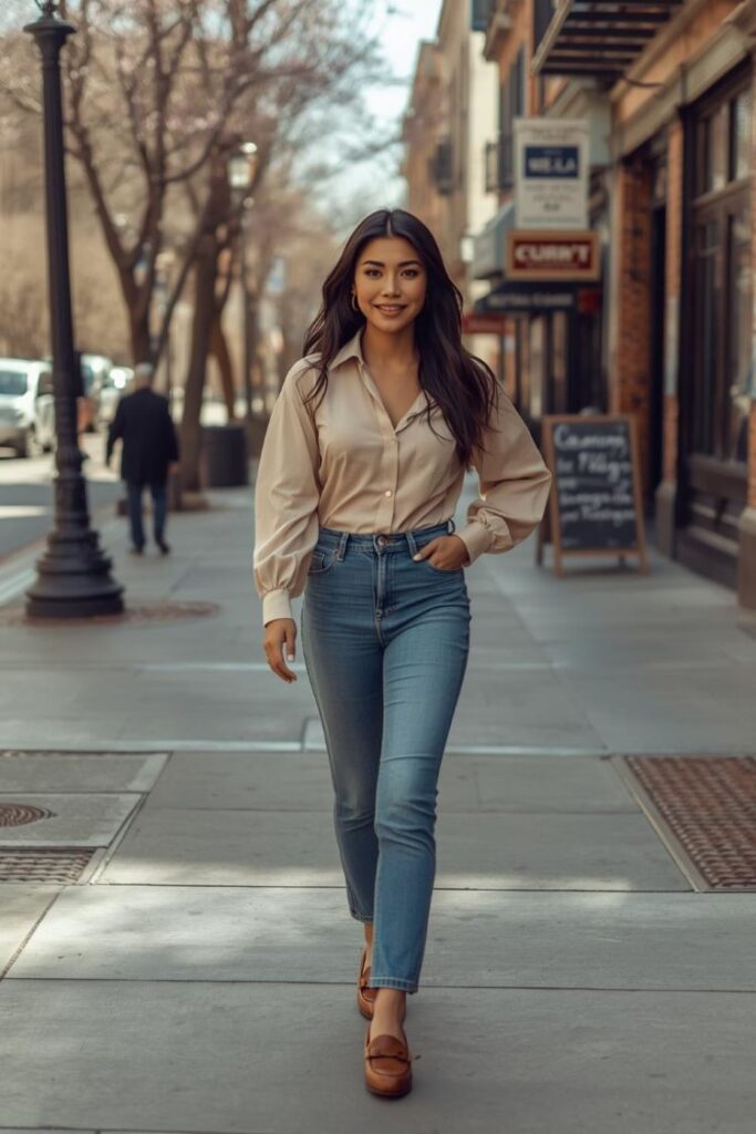 Woman in her 30s wearing high-waisted jeans, a neutral blouse, and loafers walking on a small downtown street in soft natural light.